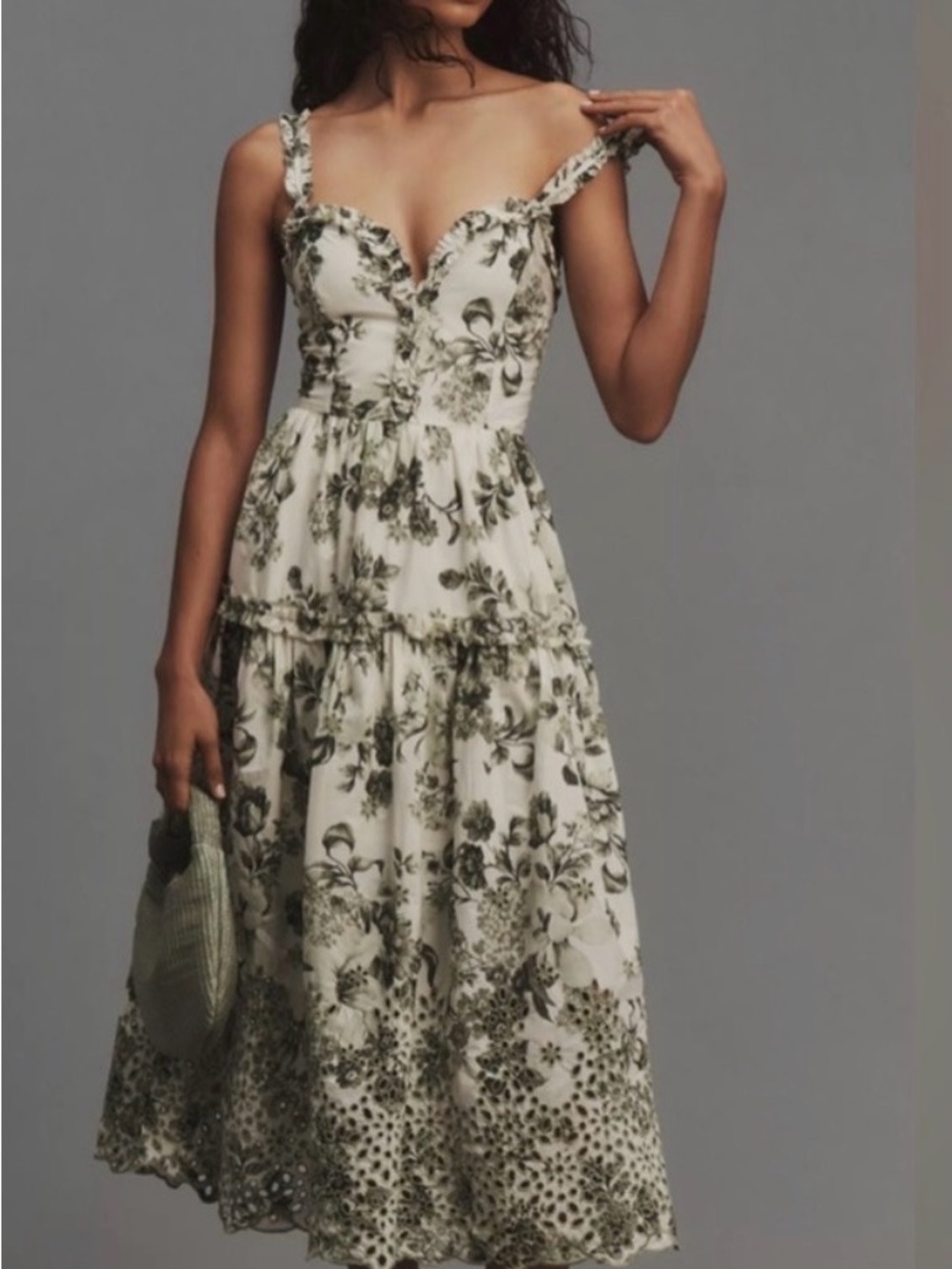 Anthropologie Sleeveless Sweetheart A-line Midi Dress in Green Motif, XS